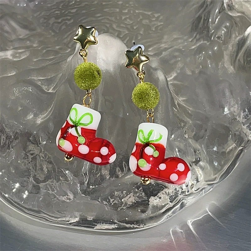 Silver Post Christmas Green Wool Ball Sock Earrings