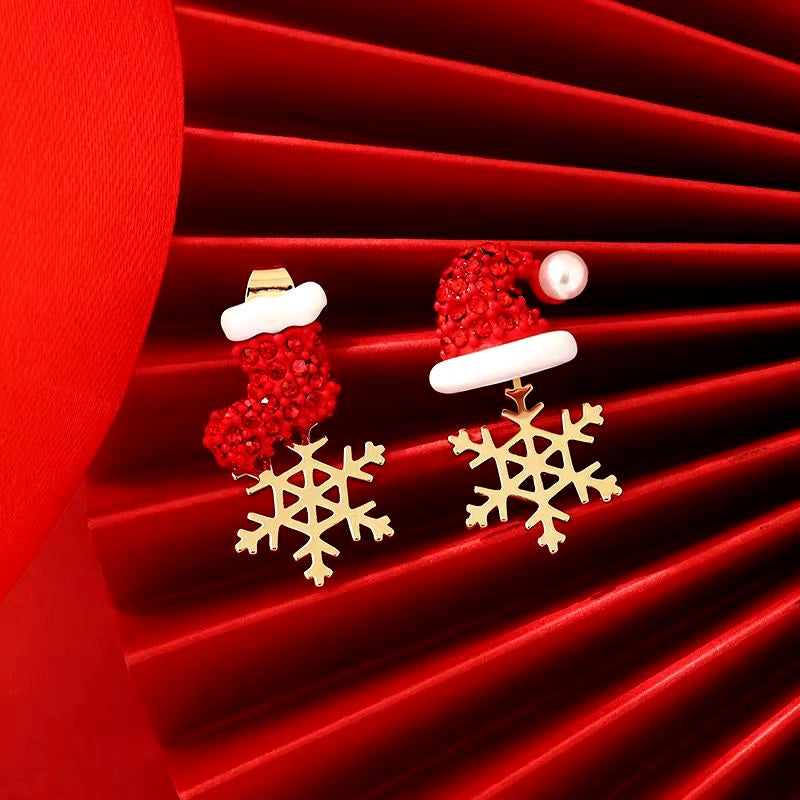 Silver Post Christmas Hat Boots Snowflake Earrings