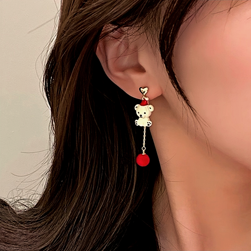 Silver Post Christmas Pearl Bear Earrings