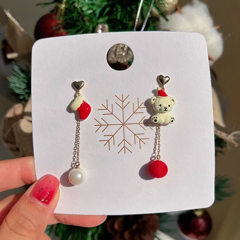 Silver Post Christmas Pearl Bear Earrings