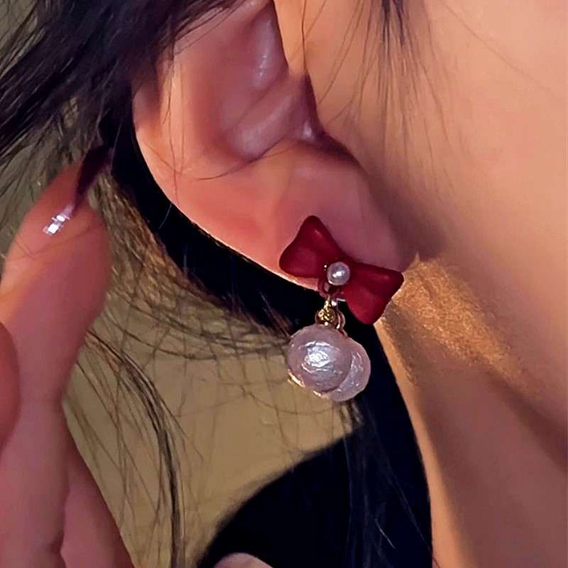 Silver Post Christmas Red Bow Bead Earrings