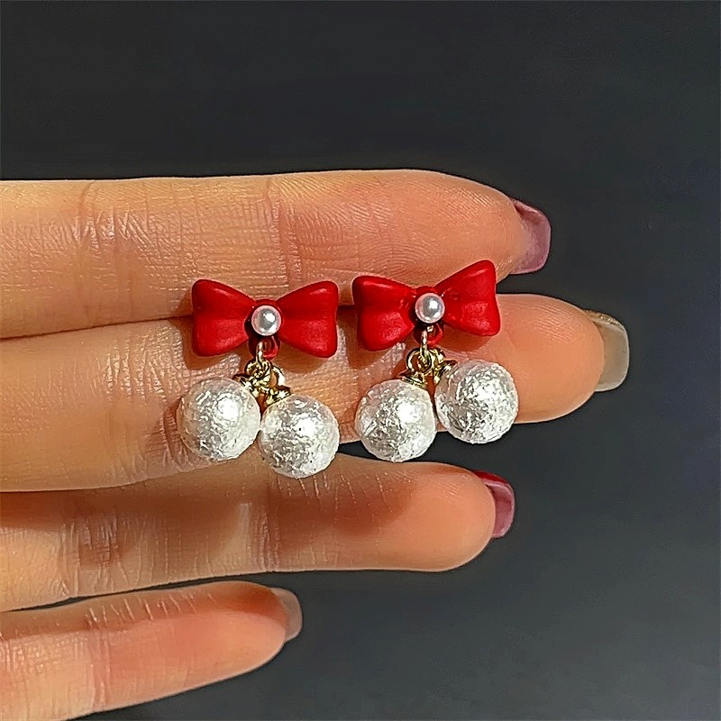 Silver Post Christmas Red Bow Bead Earrings