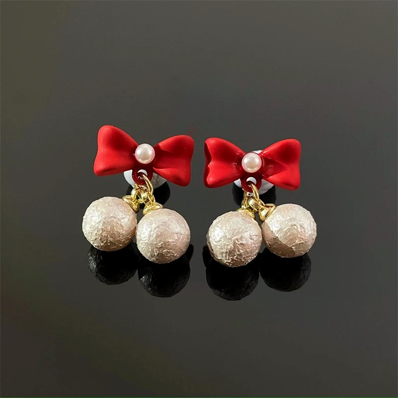 Silver Post Christmas Red Bow Bead Earrings