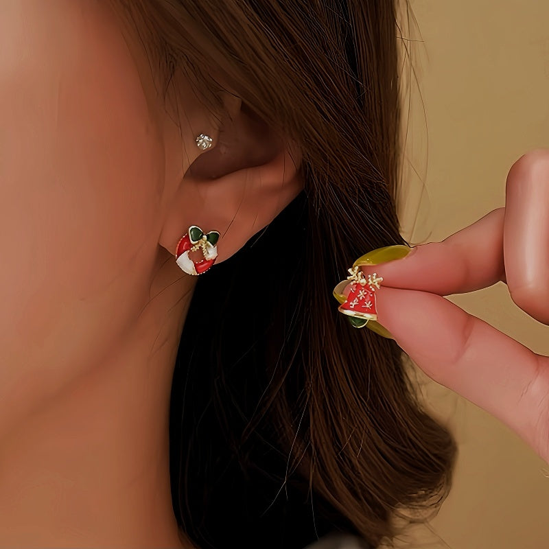 Silver Post Christmas Santa Claus Bell Earrings