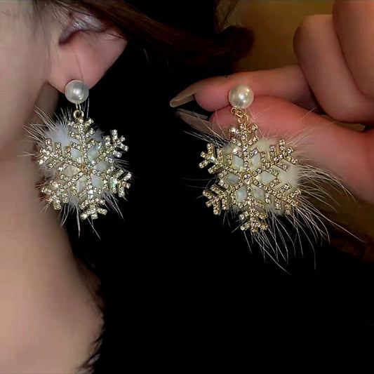 Silver Post Christmas Snowflake Pearl Earrings
