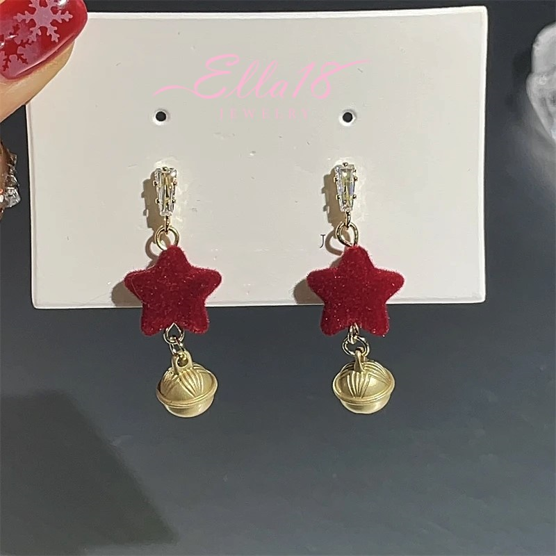 Silver Post Christmas Star Bell Wine Red Flocking Earrings