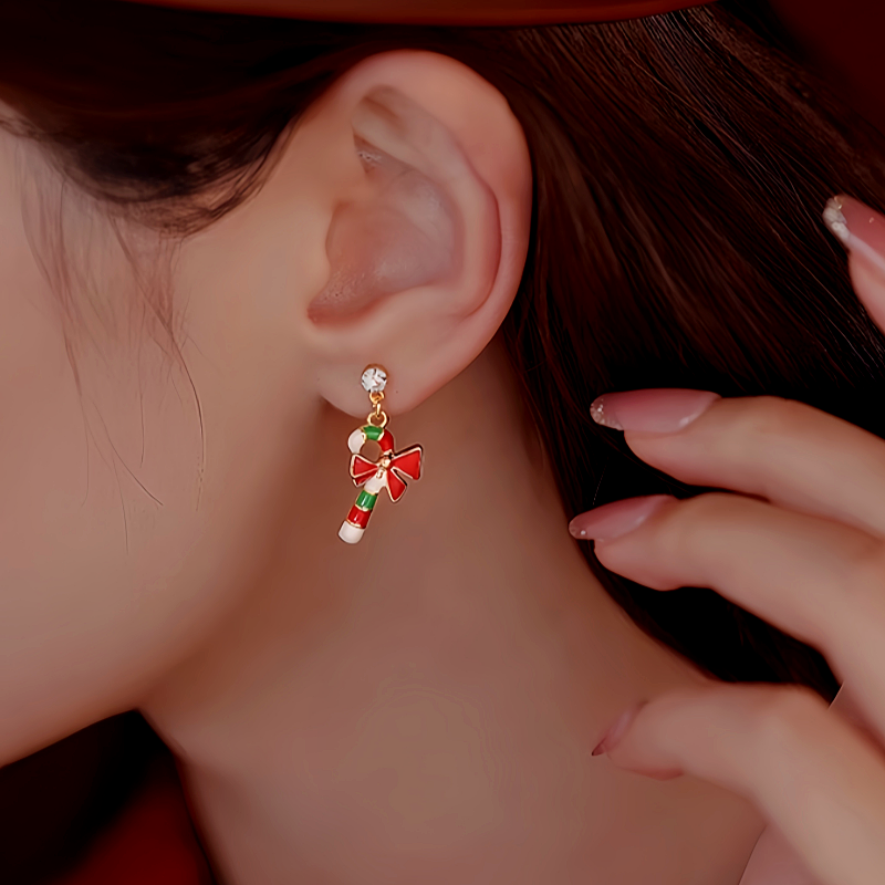 Silver Post Christmas Stockings Cane Asymmetrical Earrings