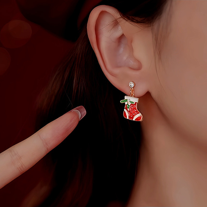 Silver Post Christmas Stockings Cane Asymmetrical Earrings