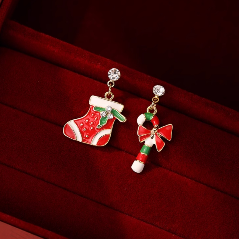 Silver Post Christmas Stockings Cane Asymmetrical Earrings