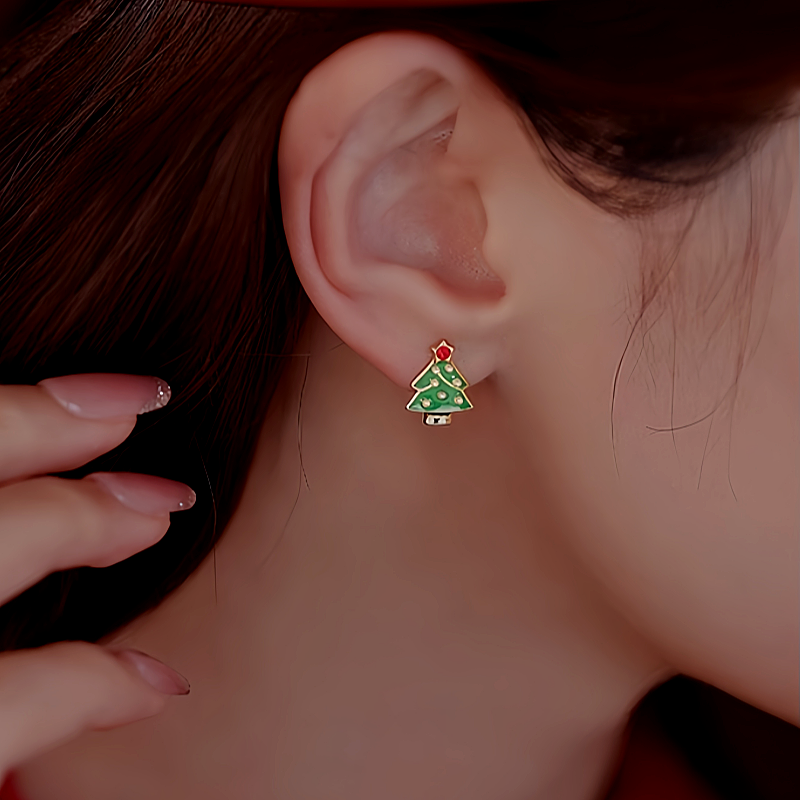Silver Post Christmas Tree Hat Asymmetrical Earrings