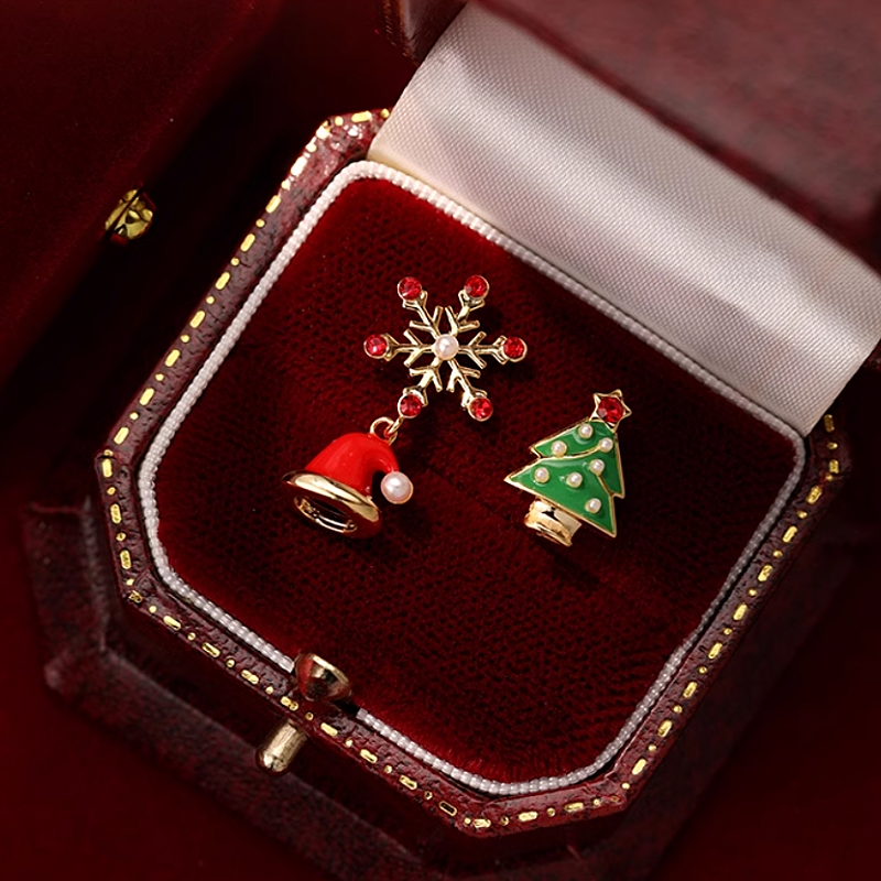 Silver Post Christmas Tree Hat Asymmetrical Earrings