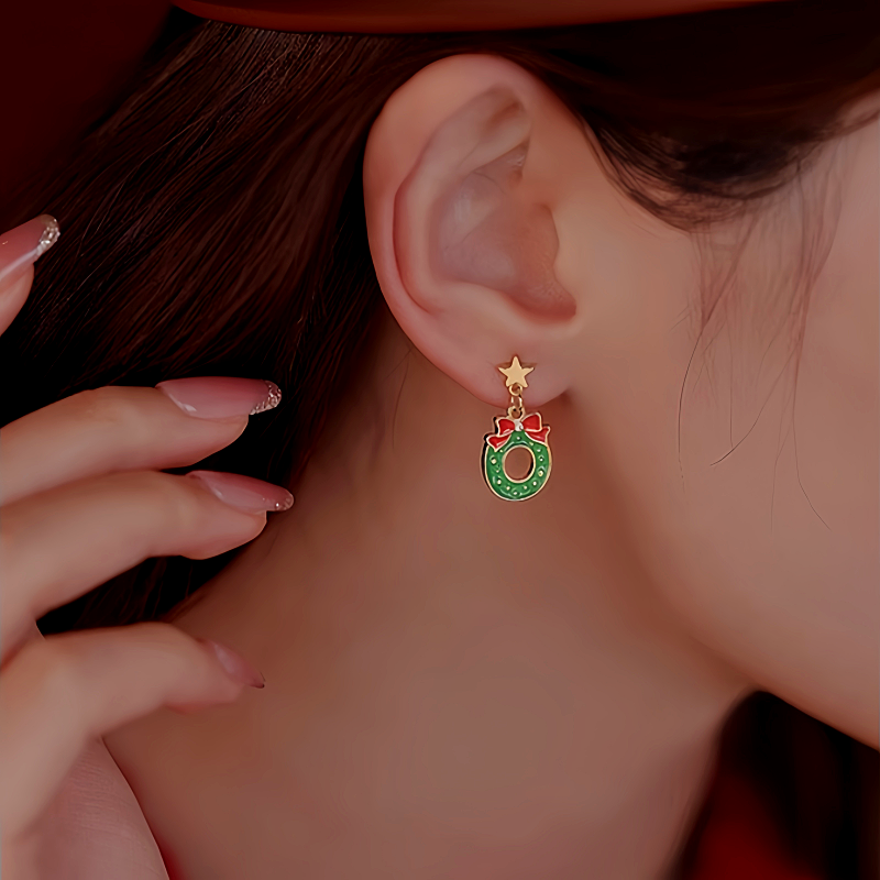 Silver Post Christmas Tree Wreath Asymmetrical Earrings