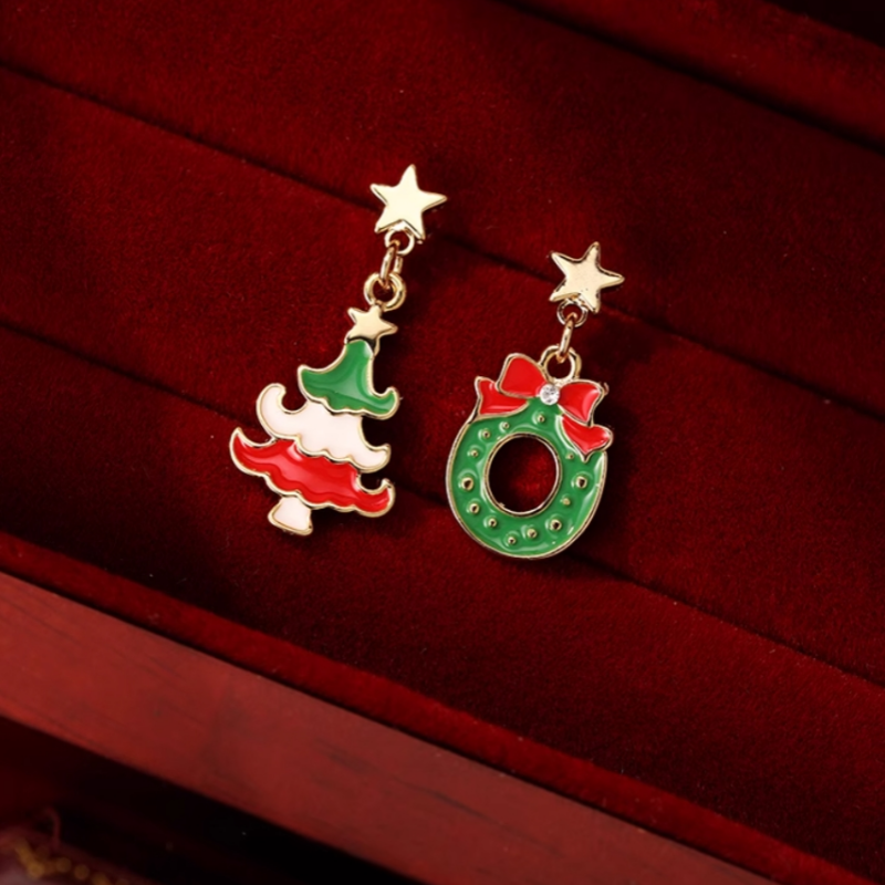 Silver Post Christmas Tree Wreath Asymmetrical Earrings
