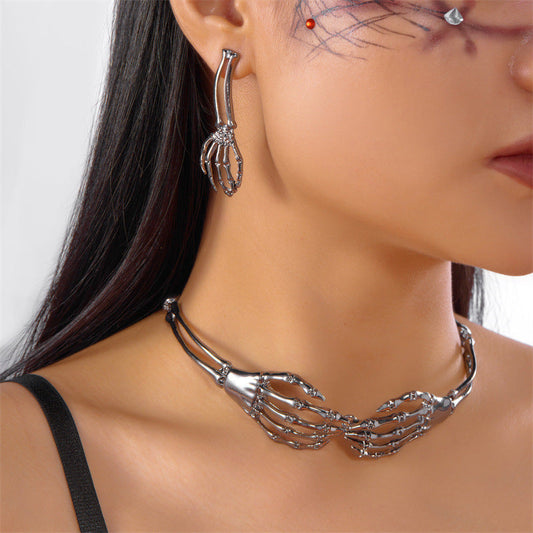 Silver Post Hot Selling Halloween Skull Hand Earrings Necklace Set