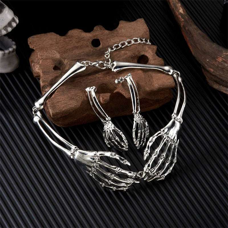 Silver Post Hot Selling Halloween Skull Hand Earrings Necklace Set