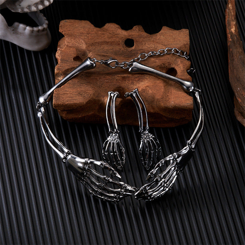 Silver Post Hot Selling Halloween Skull Hand Earrings Necklace Set