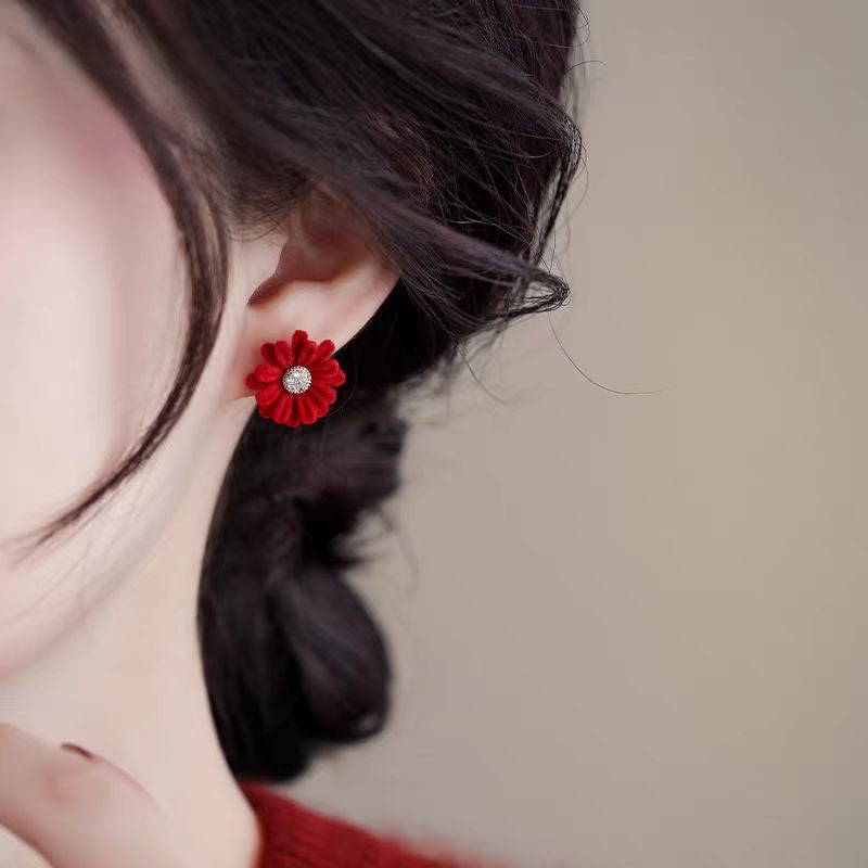 Silver Post Zircon Diamond Red Daisy Flower Stud Earrings