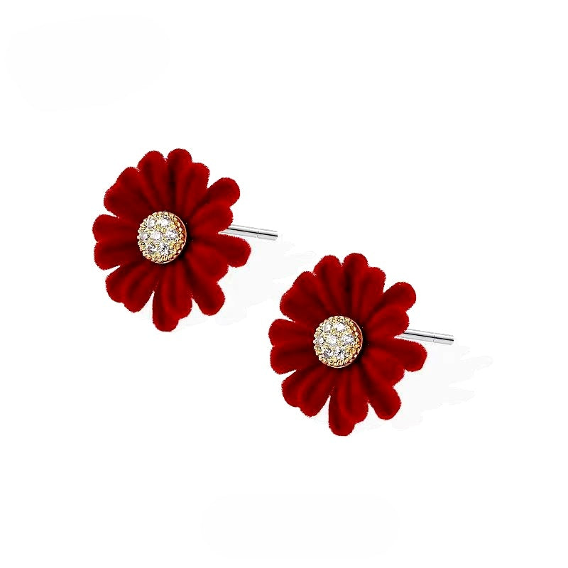 Silver Post Zircon Diamond Red Daisy Flower Stud Earrings