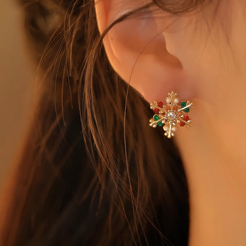 Silver Post Christmas Crystal Elk Snowflake Earrings