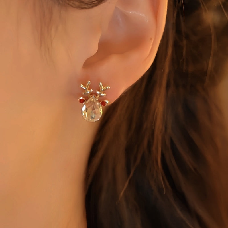 Silver Post Christmas Crystal Elk Snowflake Earrings