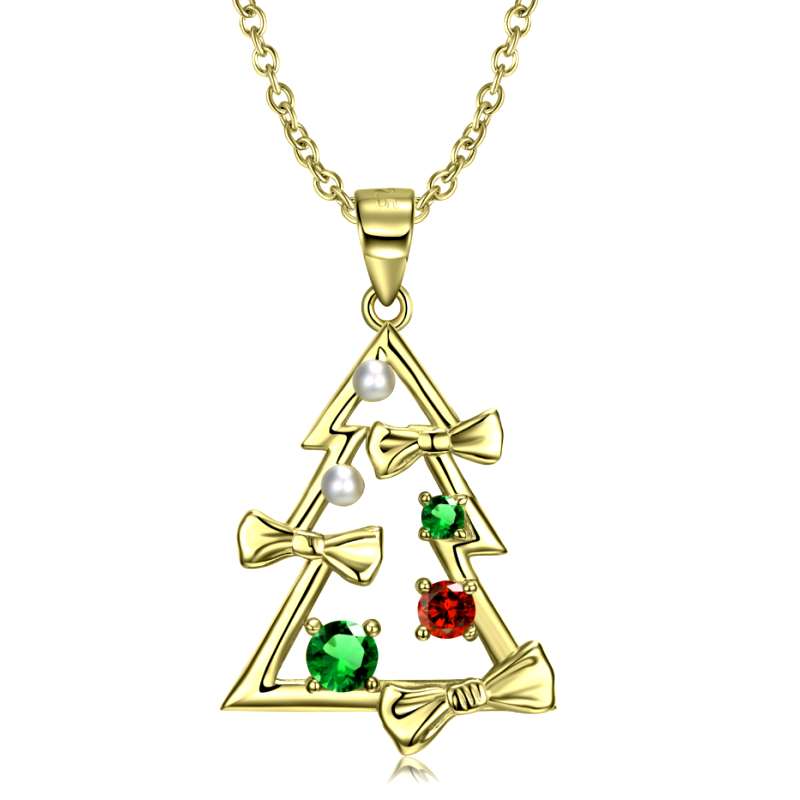 Sterling Silve Zircon Diamond Bow Christmas Tree Pendant Necklace