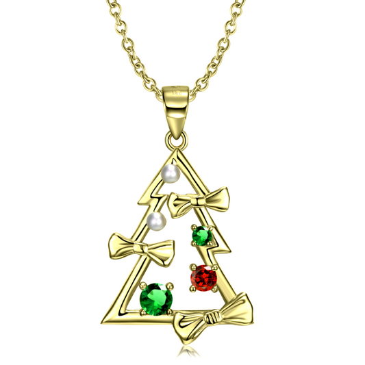 Sterling Silve Zircon Diamond Bow Christmas Tree Pendant Necklace