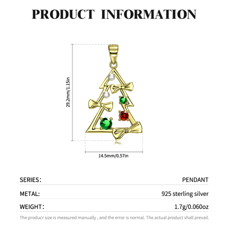 Sterling Silve Zircon Diamond Bow Christmas Tree Pendant Necklace