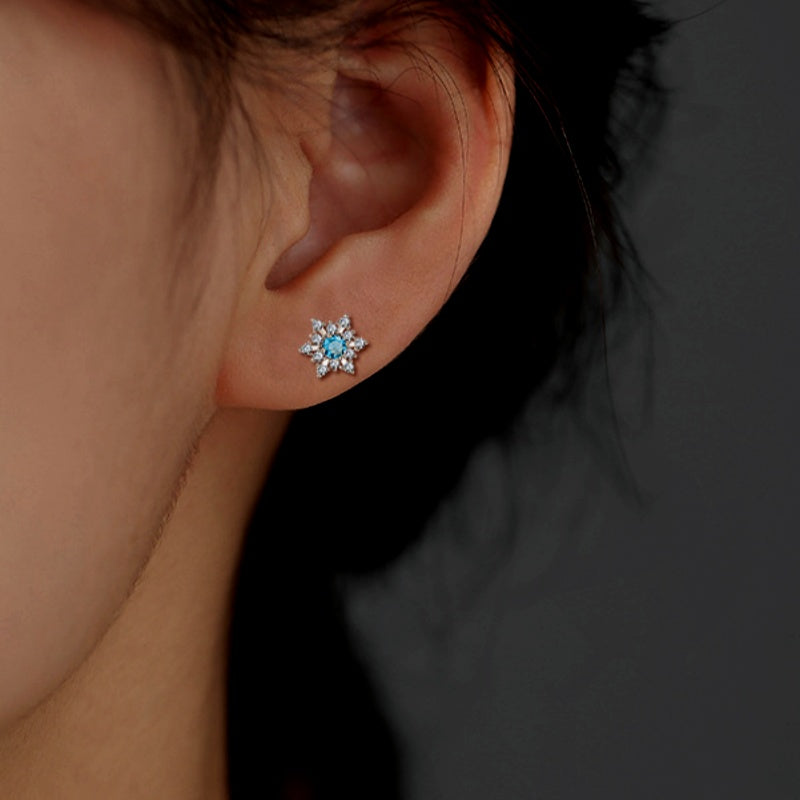 Sterling Silver Christmas Blue Diamond Snowflake Stud Earrings