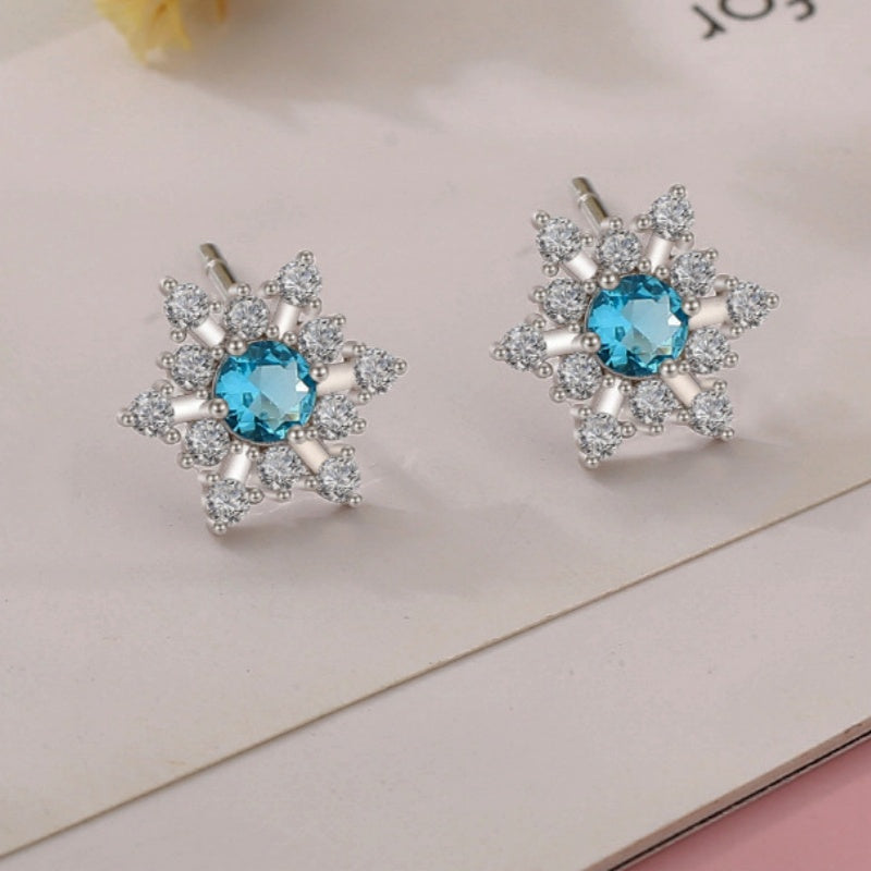 Sterling Silver Christmas Blue Diamond Snowflake Stud Earrings