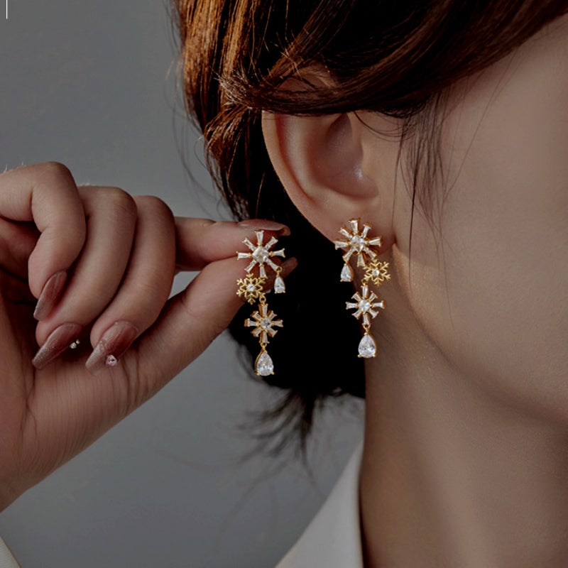 Sterling Silver Christmas Diamond Snowflake Earrings