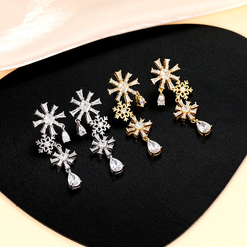 Sterling Silver Christmas Diamond Snowflake Earrings