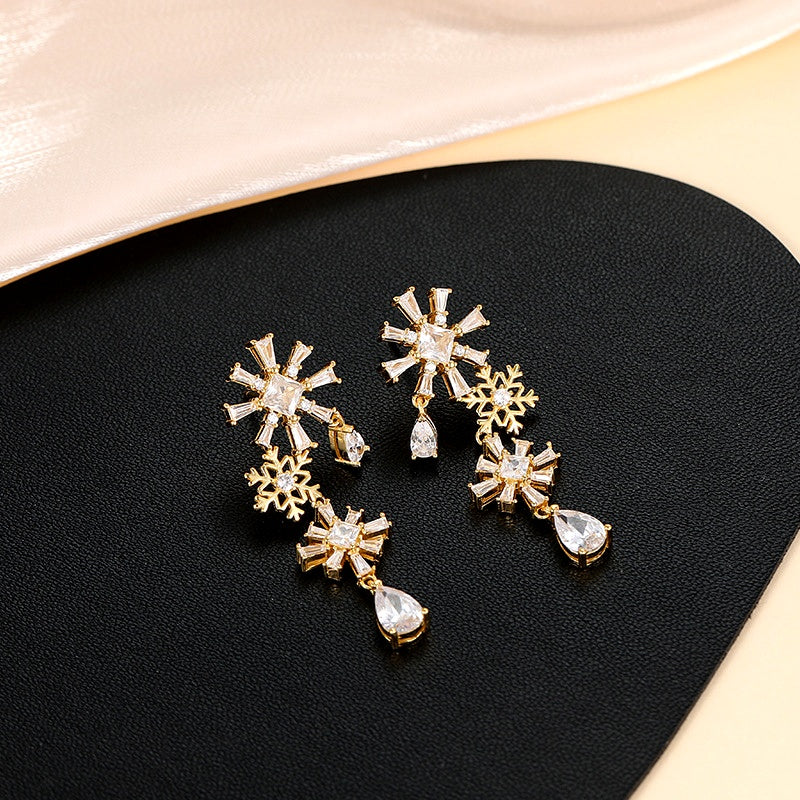 Sterling Silver Christmas Diamond Snowflake Earrings