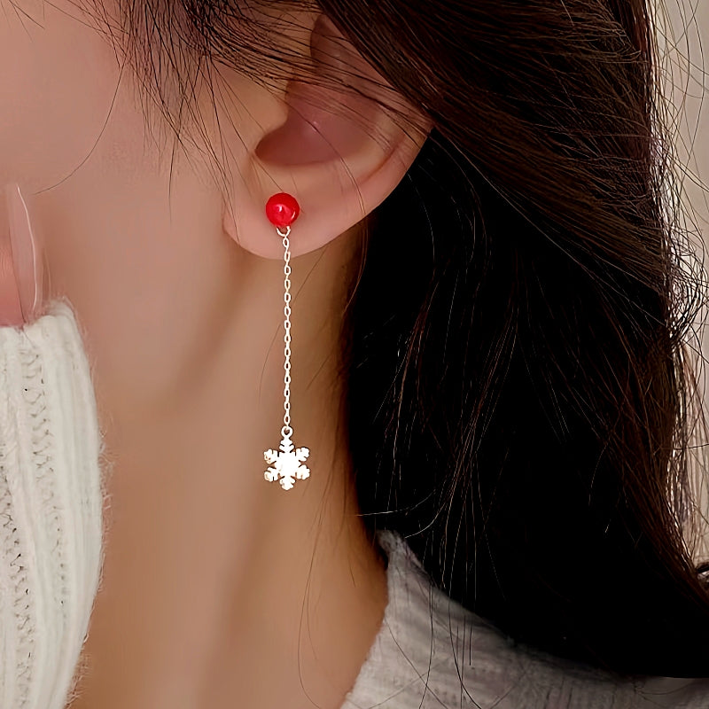 Sterling Silver Christmas Pearl Snowflake Asymmetrical Earrings