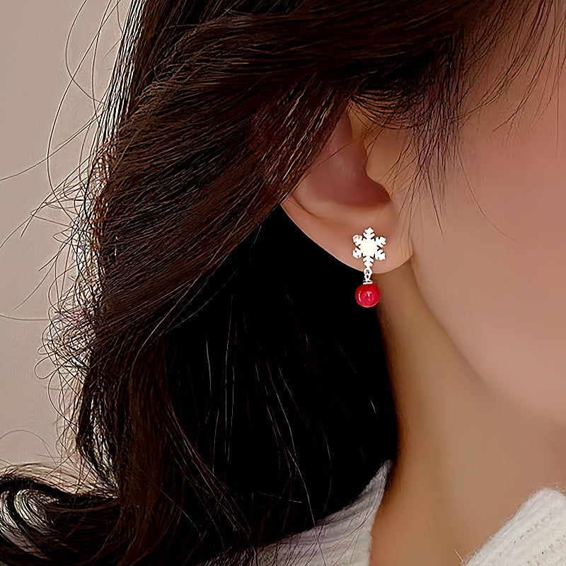 Sterling Silver Christmas Pearl Snowflake Asymmetrical Earrings