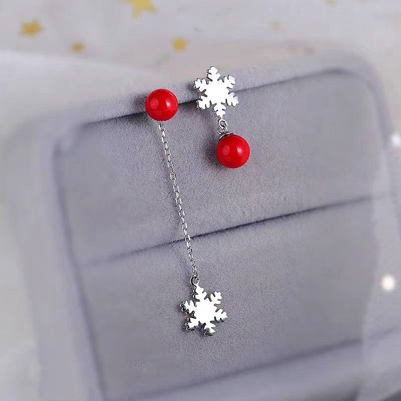 Sterling Silver Christmas Pearl Snowflake Asymmetrical Earrings
