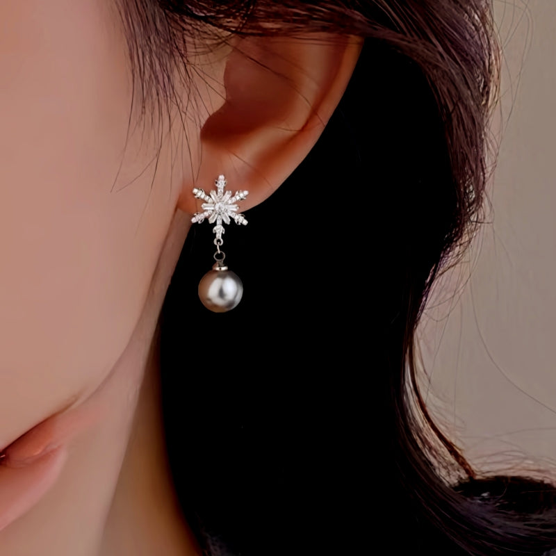 Sterling Silver Christmas Rhinestone Snowflake Pearl Earrings