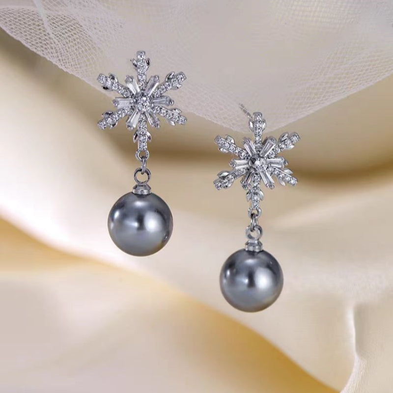Sterling Silver Christmas Rhinestone Snowflake Pearl Earrings