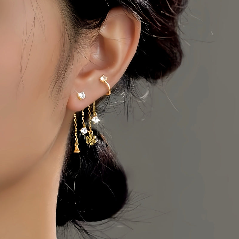 Sterling Silver Christmas Snowflake Bell Tassel Asymmetrical Earrings