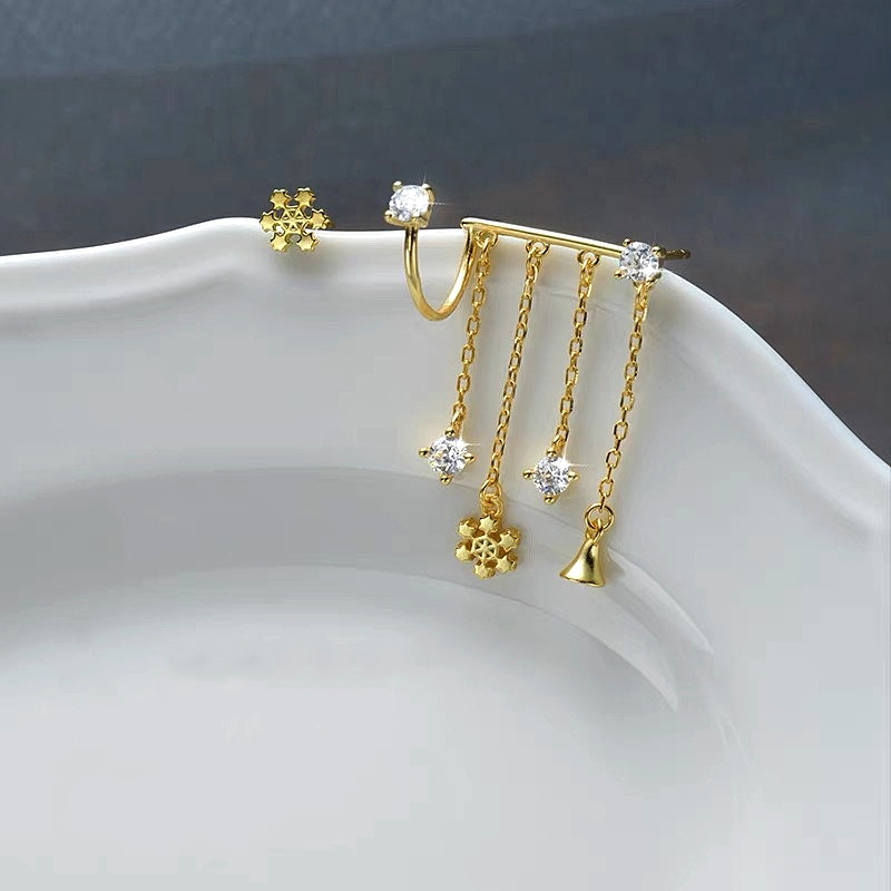 Sterling Silver Christmas Snowflake Bell Tassel Asymmetrical Earrings