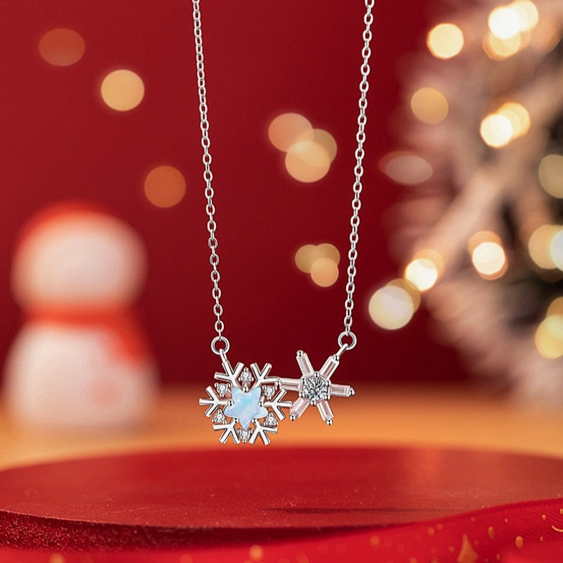 Sterling Silver Christmas Snowflake Glass Stone Necklace