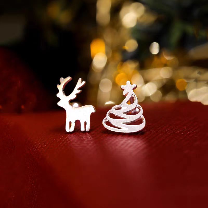 Sterling Silver Christmas Tree And Antler Asymmetrical Stud Earrings