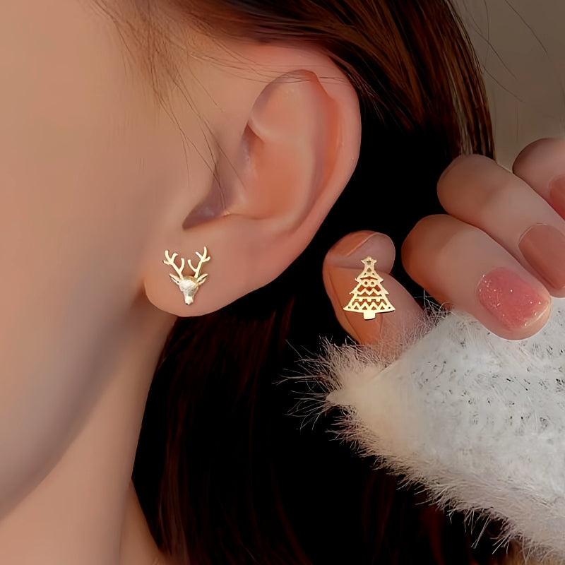 Sterling Silver Christmas Tree And Antler Asymmetrical Stud Earrings