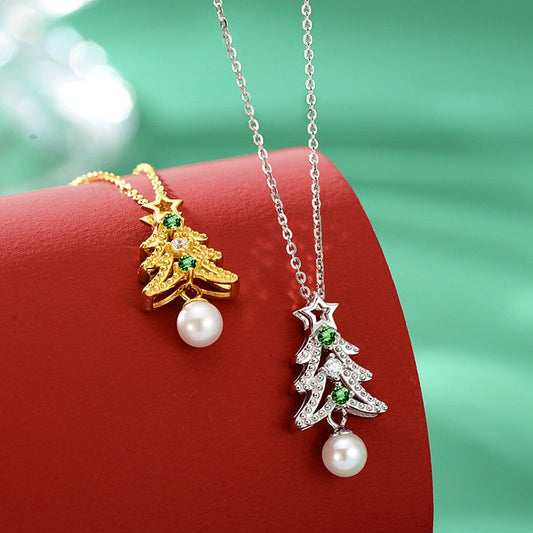 Sterling Silver Diamond Christmas Tree Pearl Necklace