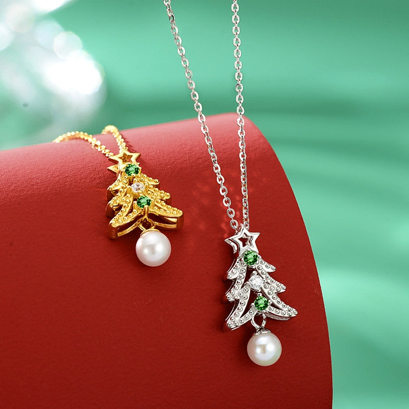 Sterling Silver Christmas Damond And Pearl Tree Necklace