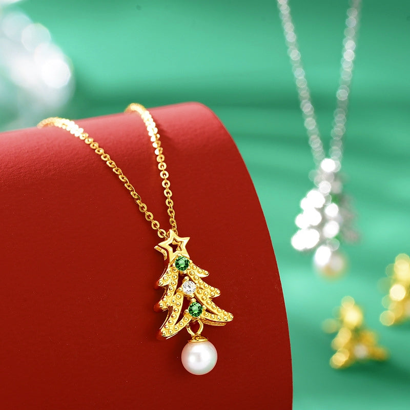 Sterling Silver Christmas Damond And Pearl Tree Necklace
