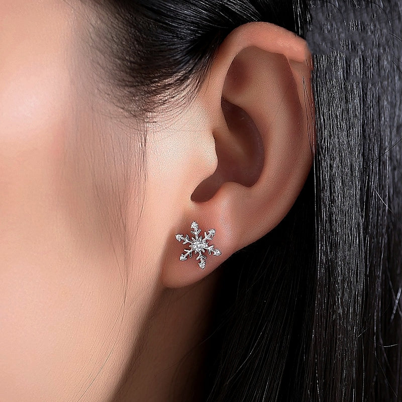 Sterling Silver Christmas Diamond Snowflake Stud Earrings
