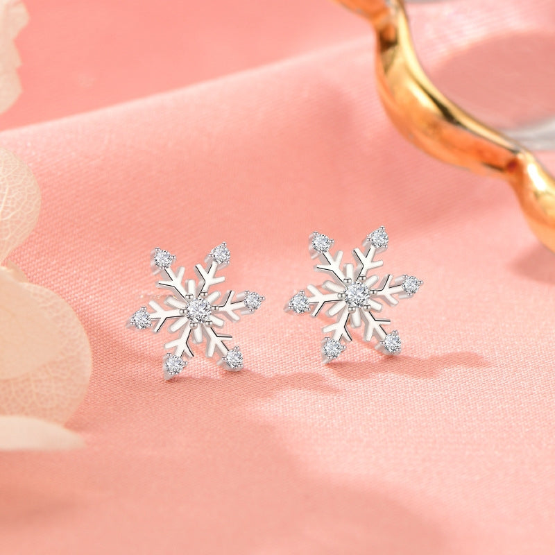Sterling Silver Christmas Diamond Snowflake Stud Earrings