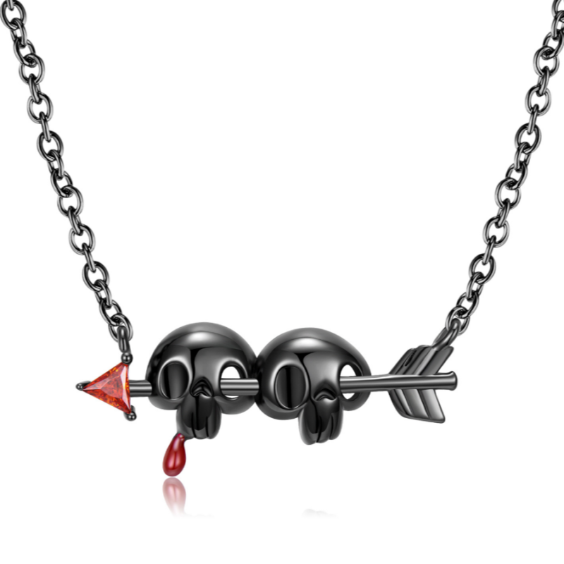 Sterling Silver Electroplated Black Skull Arrown Pendant Necklace