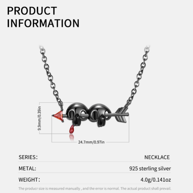 Sterling Silver Electroplated Black Skull Arrown Pendant Necklace