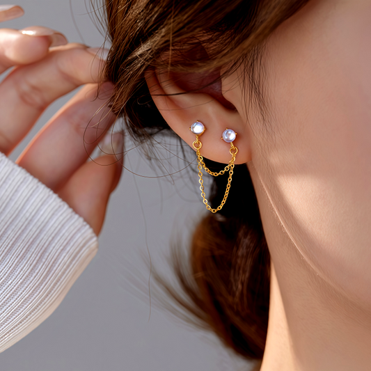 Sterling Silver Elegant Cat's Eye Stone Chain Tassel Earrings